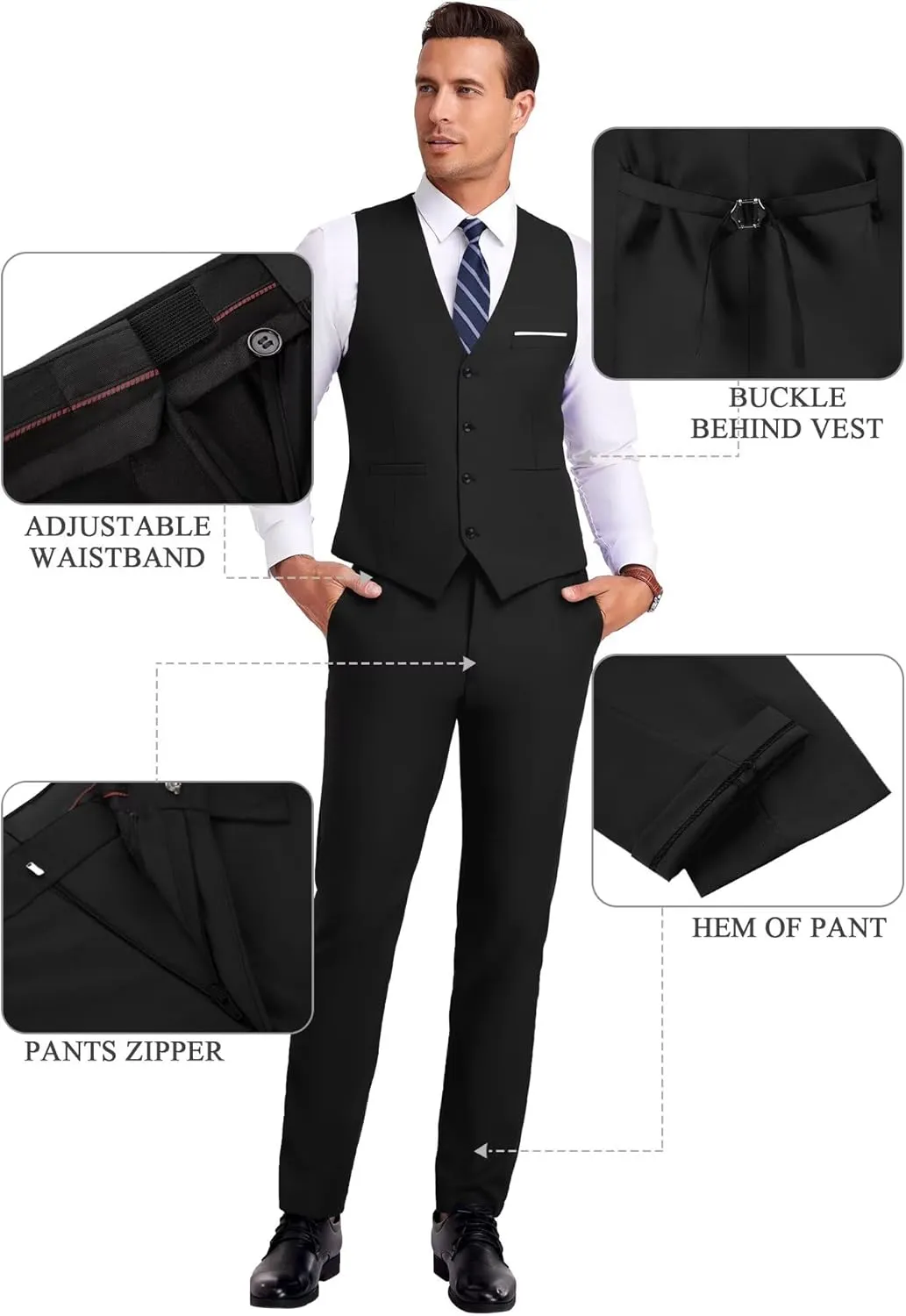 Men Suit 3 Pieces Slim Fit, Groomsmen Business Jacket Vest Pant with Tie 2 Buttons Prom Tuxedo Xs/3630