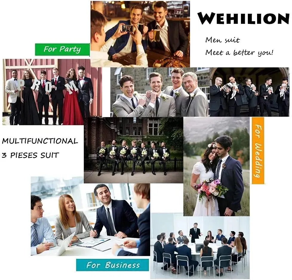 Men Suit 3 Pieces Slim Fit, Groomsmen Business Jacket Vest Pant with Tie 2 Buttons Prom Tuxedo Xs/3630