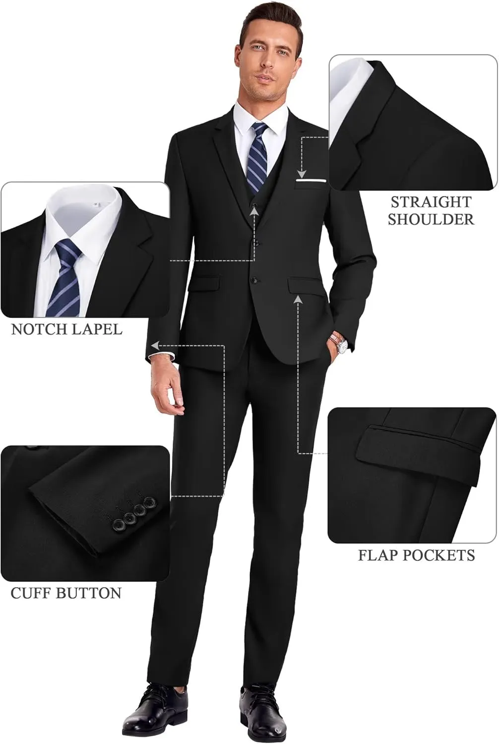 Men Suit 3 Pieces Slim Fit, Groomsmen Business Jacket Vest Pant with Tie 2 Buttons Prom Tuxedo Xs/3630