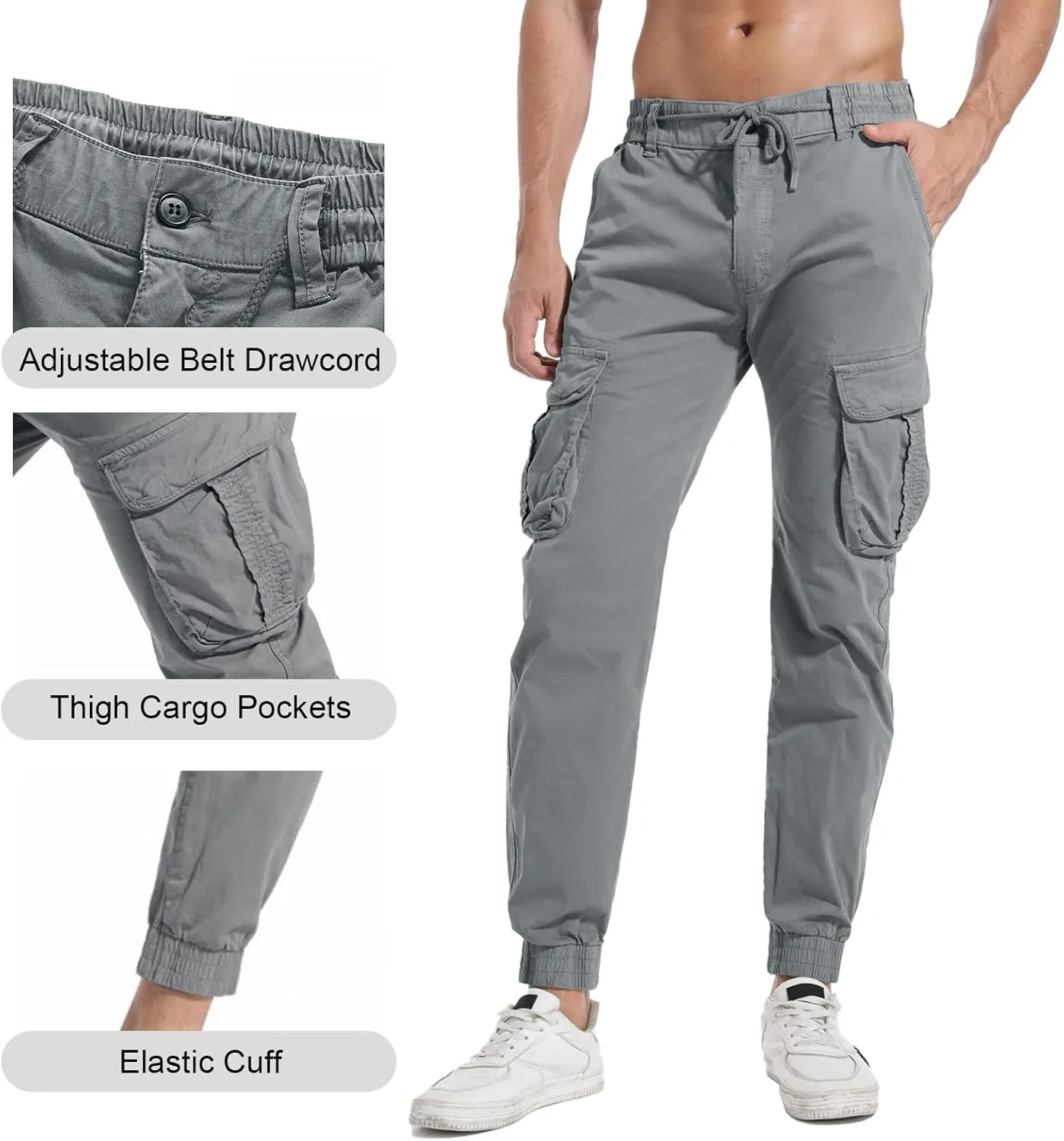 Men's Hiking Cargo Pants Joggers Slim Fit Stretch Lightweight Casual Work Pants with Pockets Drawstring Waist