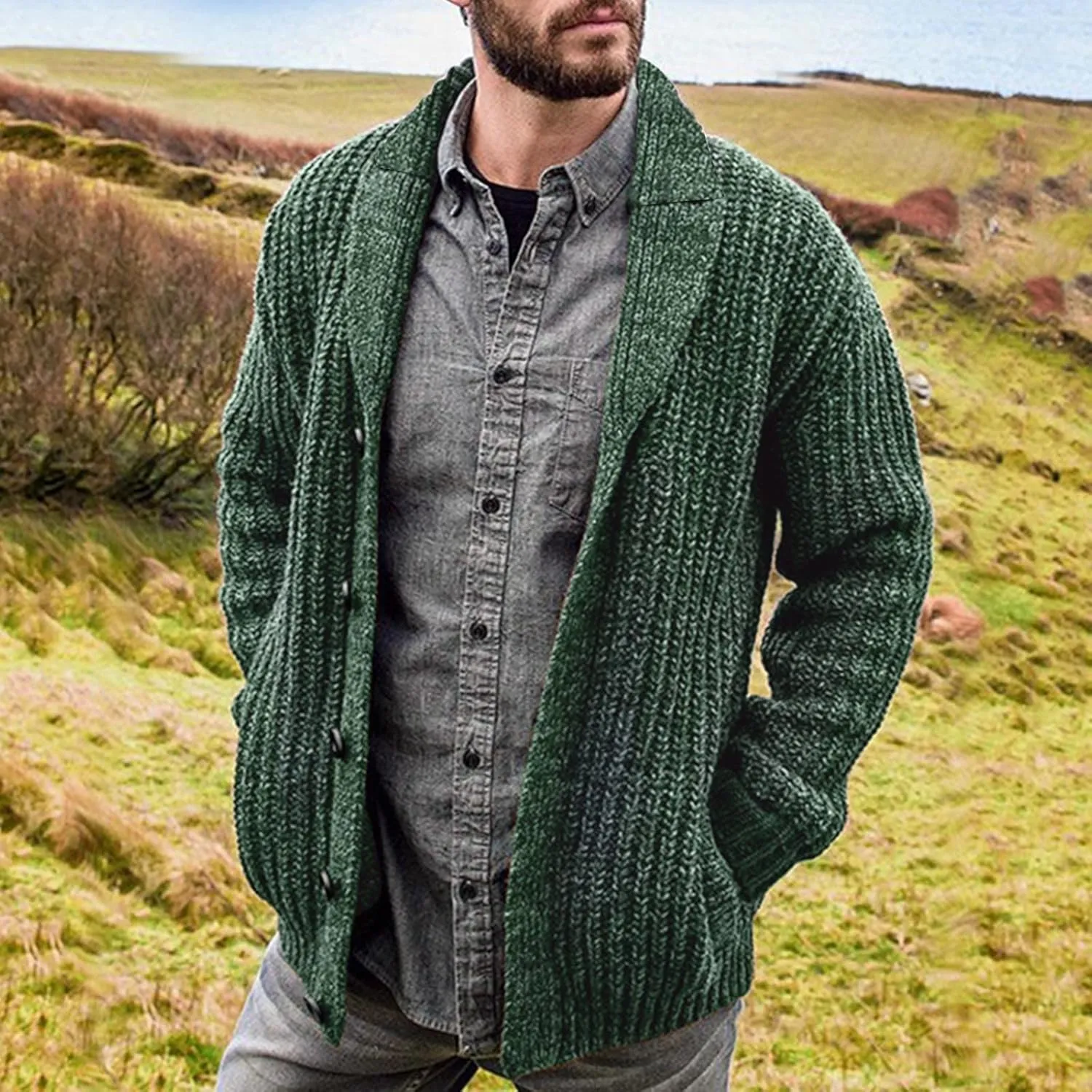 Mens Sweater Cardigan Casual Long Sleeve Shawl Collar Buttons Down Cable Knit Cardigan Sweater, XXL-5XL