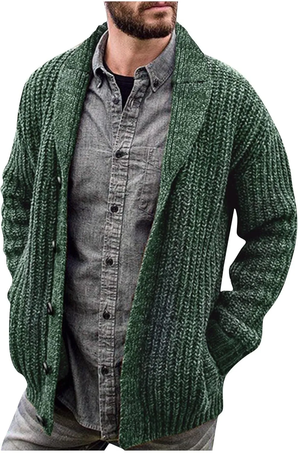Mens Sweater Cardigan Casual Long Sleeve Shawl Collar Buttons Down Cable Knit Cardigan Sweater, XXL-5XL