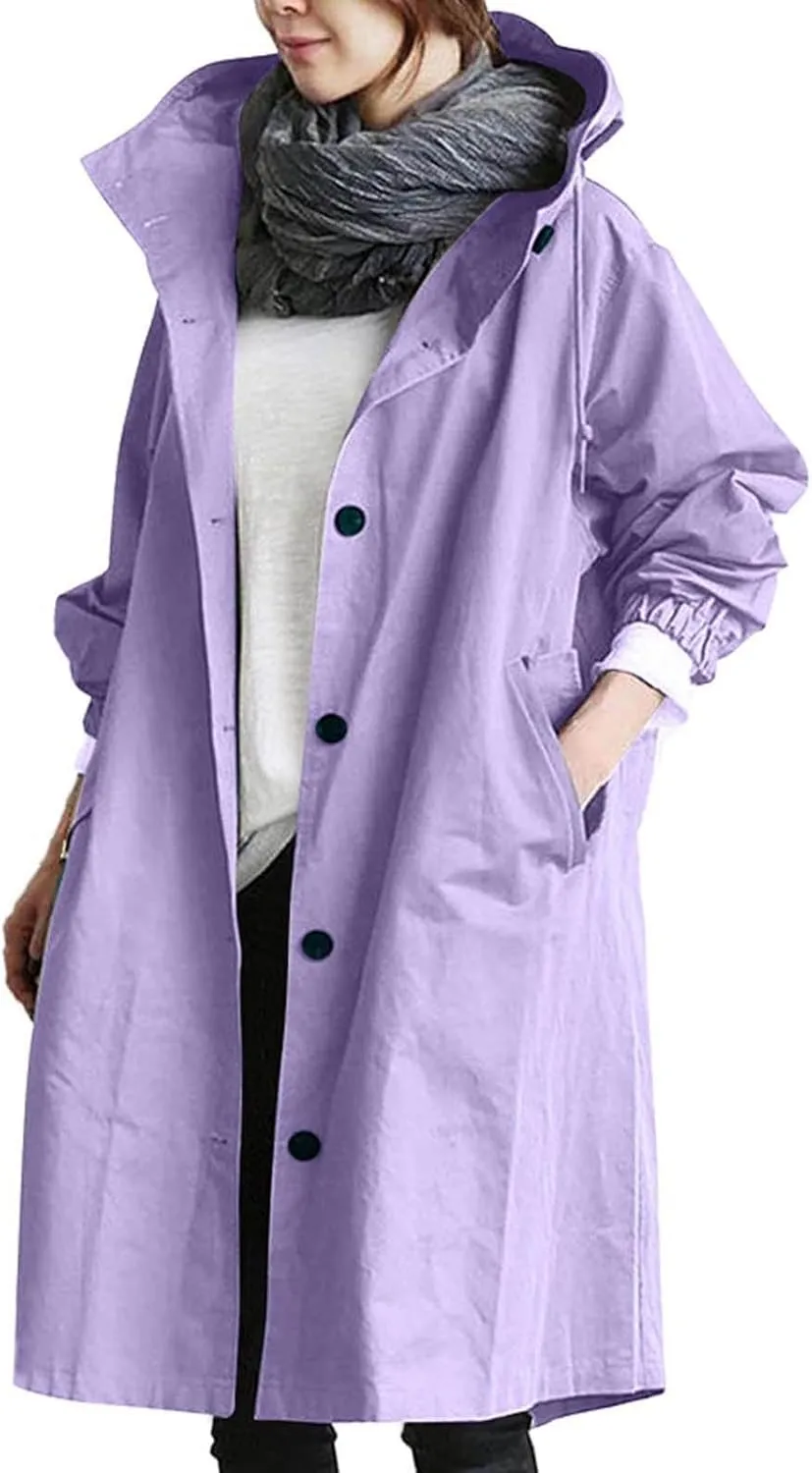 Mid Length Trench Coat For Women Oversized Long Sleeve Hooded Jacket Single Breasted Casual Lightweight Outwear Coat