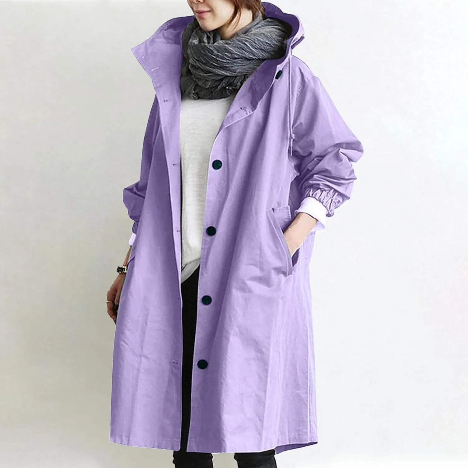 Mid Length Trench Coat For Women Oversized Long Sleeve Hooded Jacket Single Breasted Casual Lightweight Outwear Coat