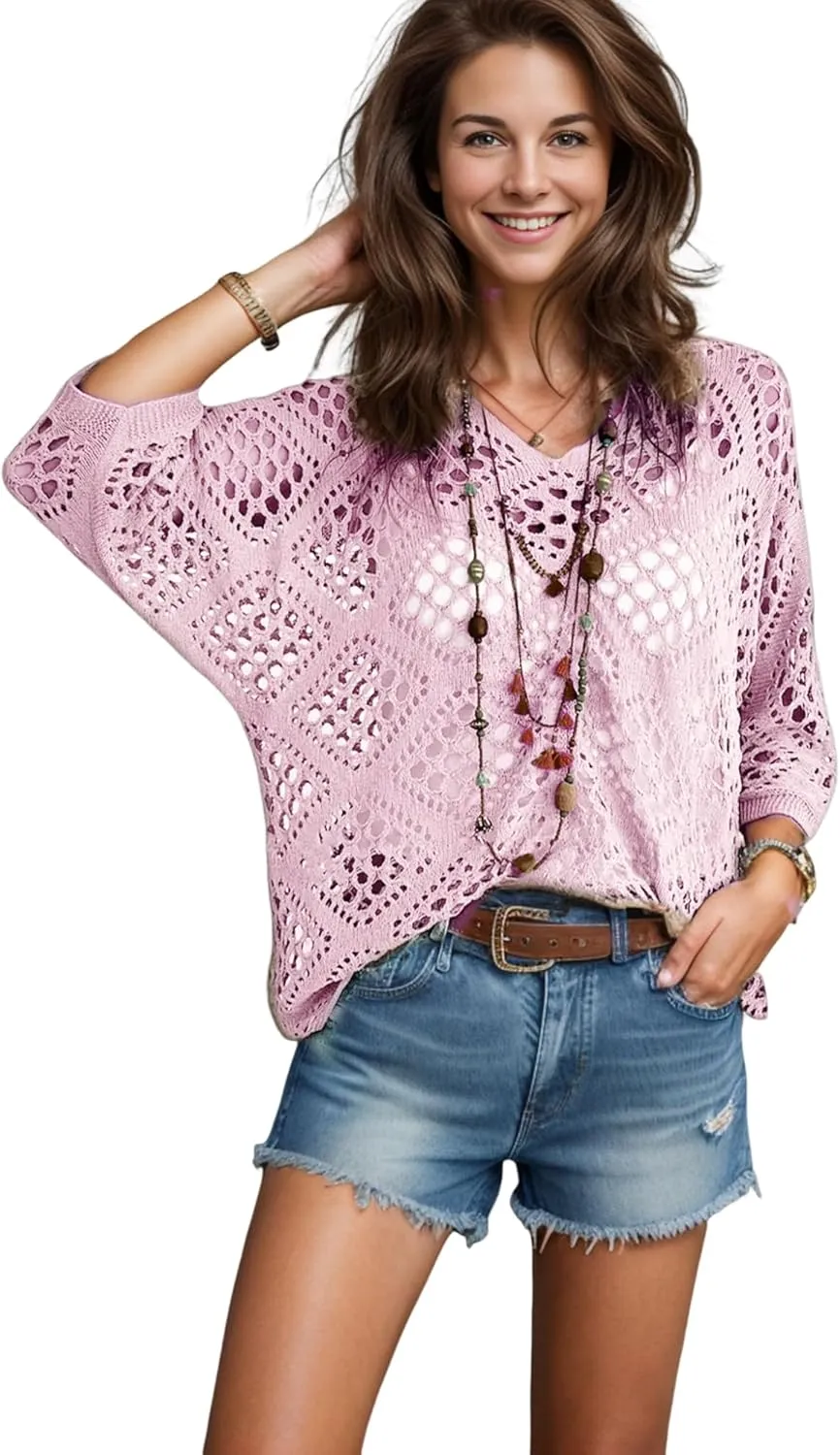 NASKY Women’s Casual Knit Pullover Hollow-Out 3/4 Batwing Sleeve Lightweight and Comfortable Boho Chic Summer Sweater