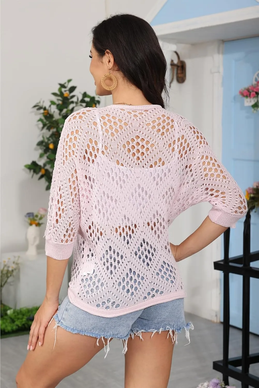 NASKY Women’s Casual Knit Pullover Hollow-Out 3/4 Batwing Sleeve Lightweight and Comfortable Boho Chic Summer Sweater