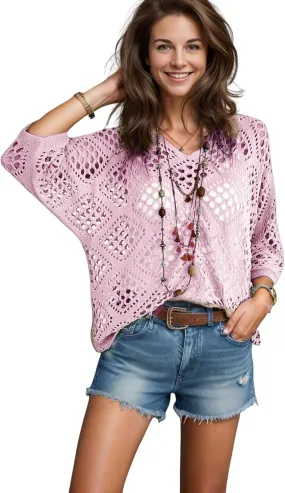 NASKY Women’s Casual Knit Pullover Hollow-Out 3/4 Batwing Sleeve Lightweight and Comfortable Boho Chic Summer Sweater