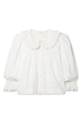   NET SUSTAIN Hickory Ruffled Pintucked Embroidered Organic Cotton-poplin Blouse