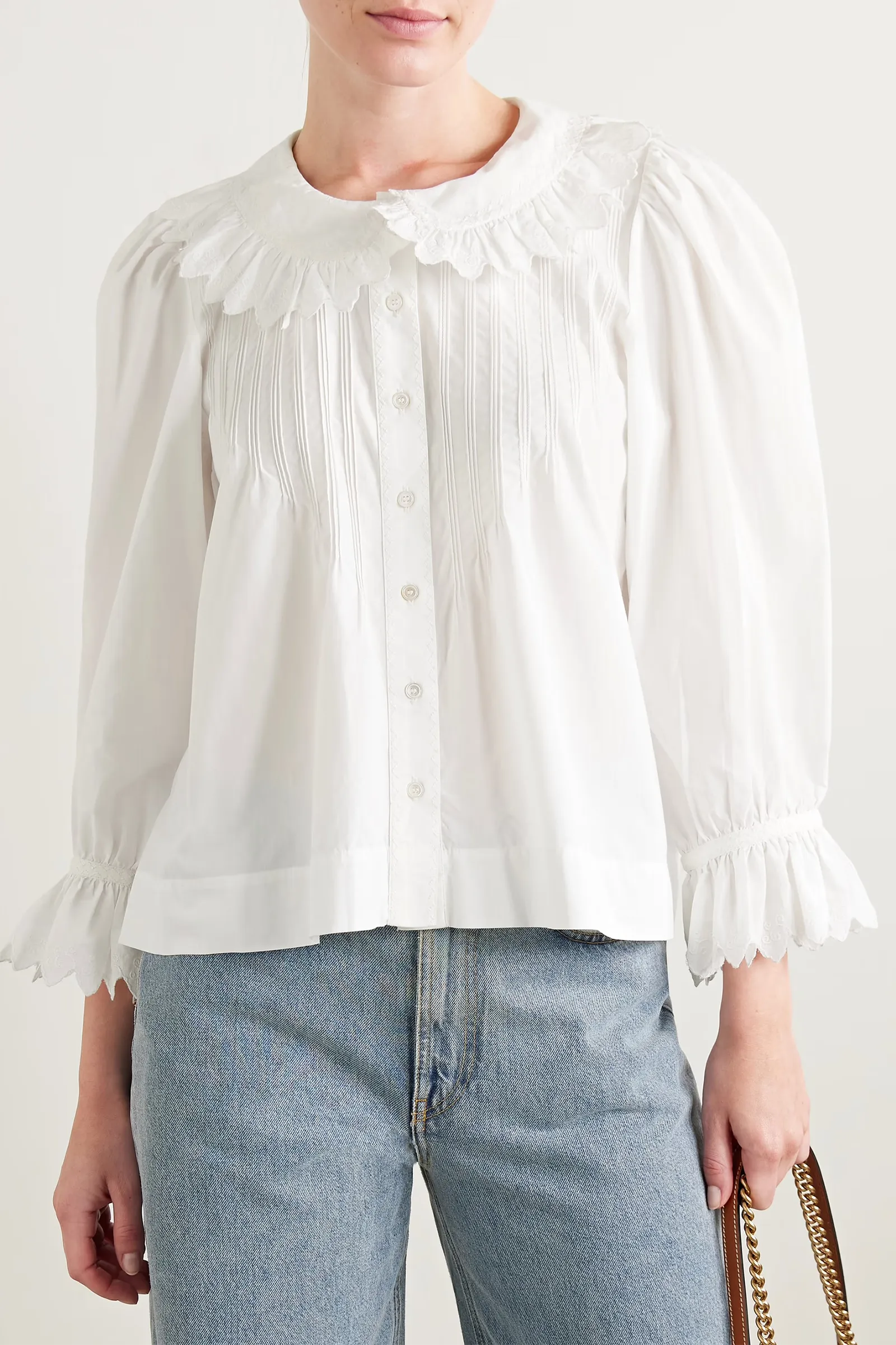   NET SUSTAIN Hickory Ruffled Pintucked Embroidered Organic Cotton-poplin Blouse