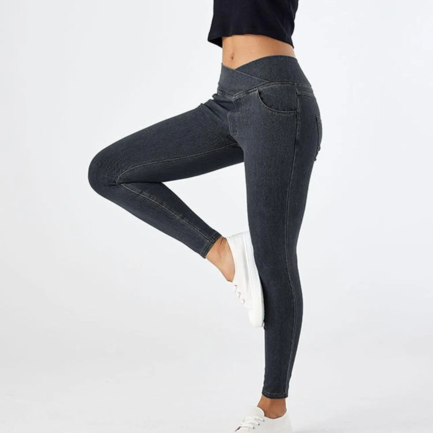 Skinny Stretchy Curvy Jeans for Women High Cross Waisted Tummy Control Jeans with Pockets