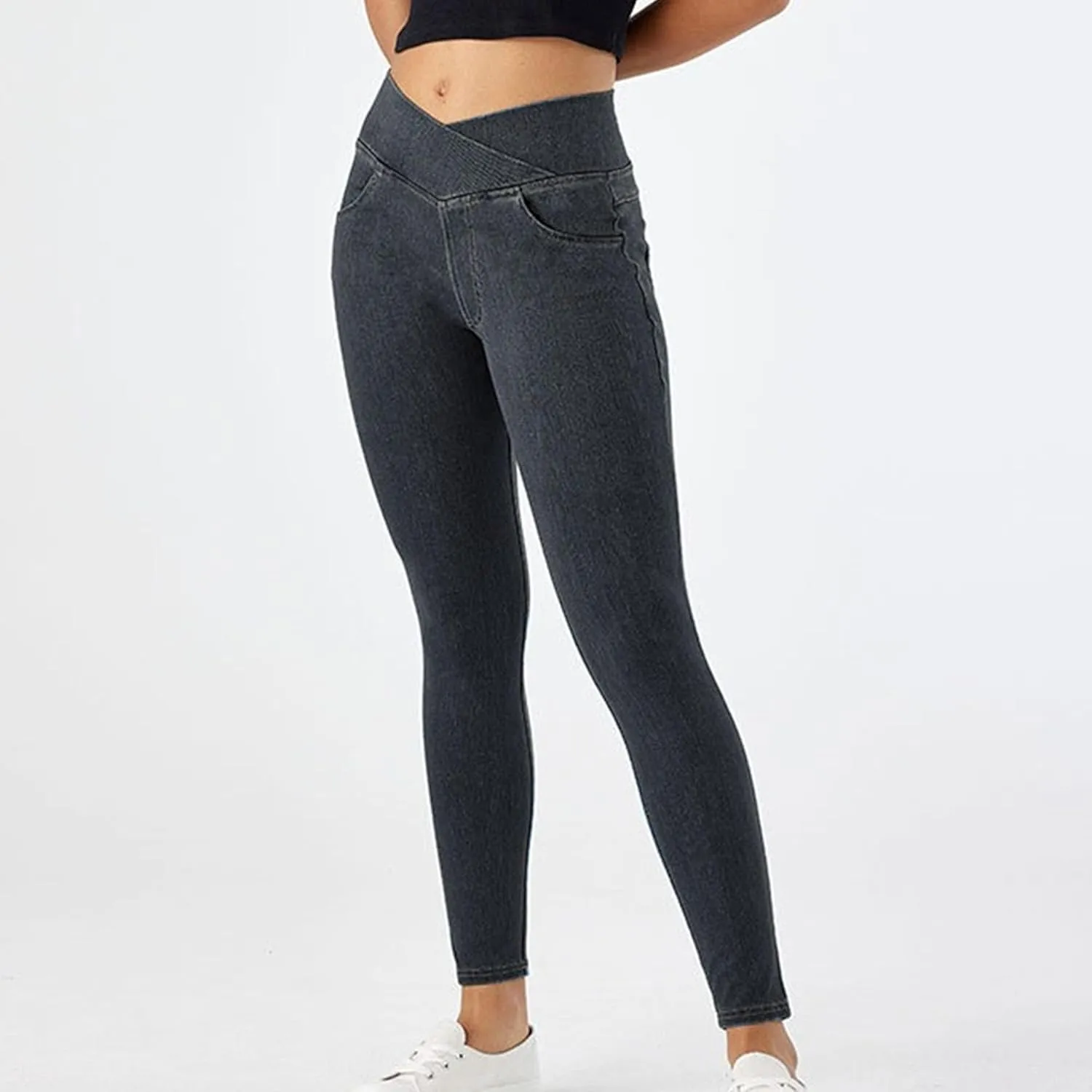 Skinny Stretchy Curvy Jeans for Women High Cross Waisted Tummy Control Jeans with Pockets