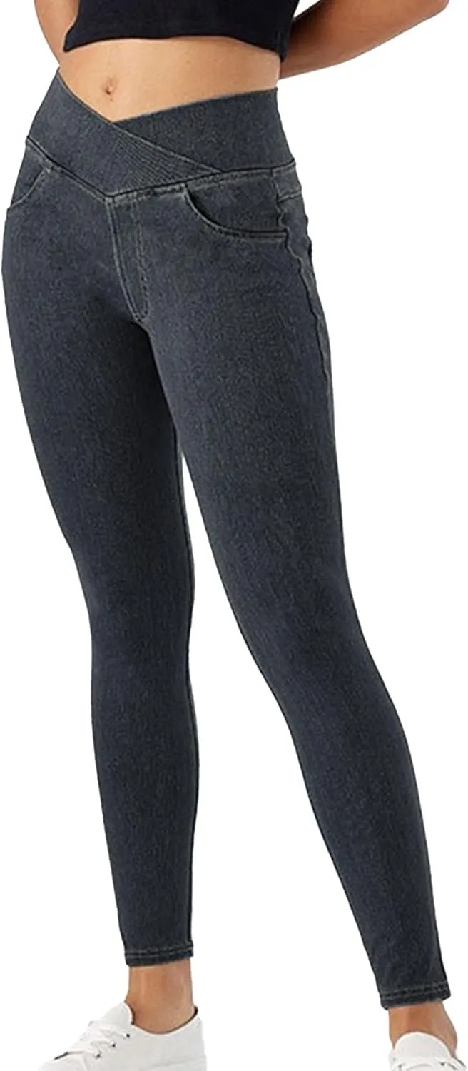 Skinny Stretchy Curvy Jeans for Women High Cross Waisted Tummy Control Jeans with Pockets