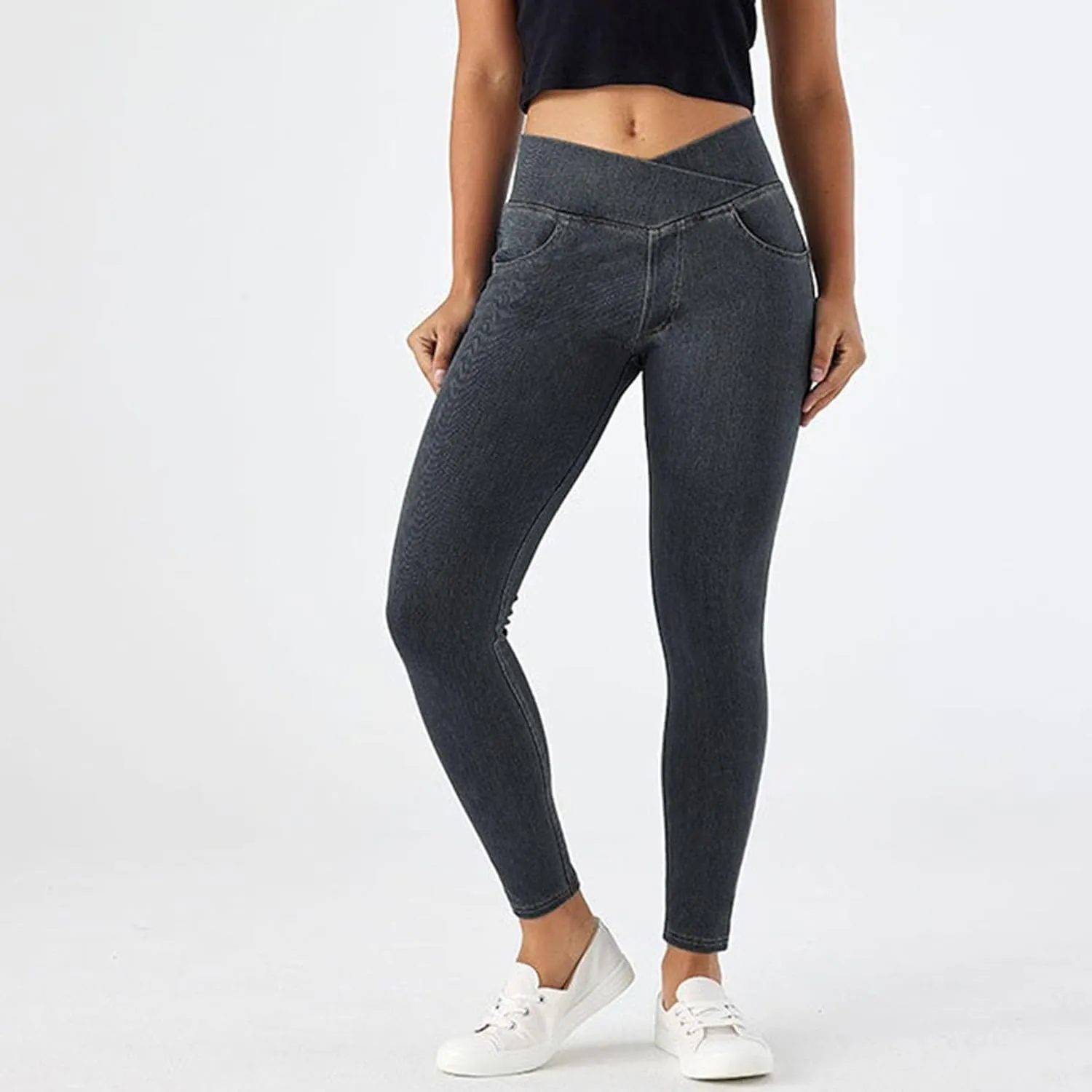 Skinny Stretchy Curvy Jeans for Women High Cross Waisted Tummy Control Jeans with Pockets