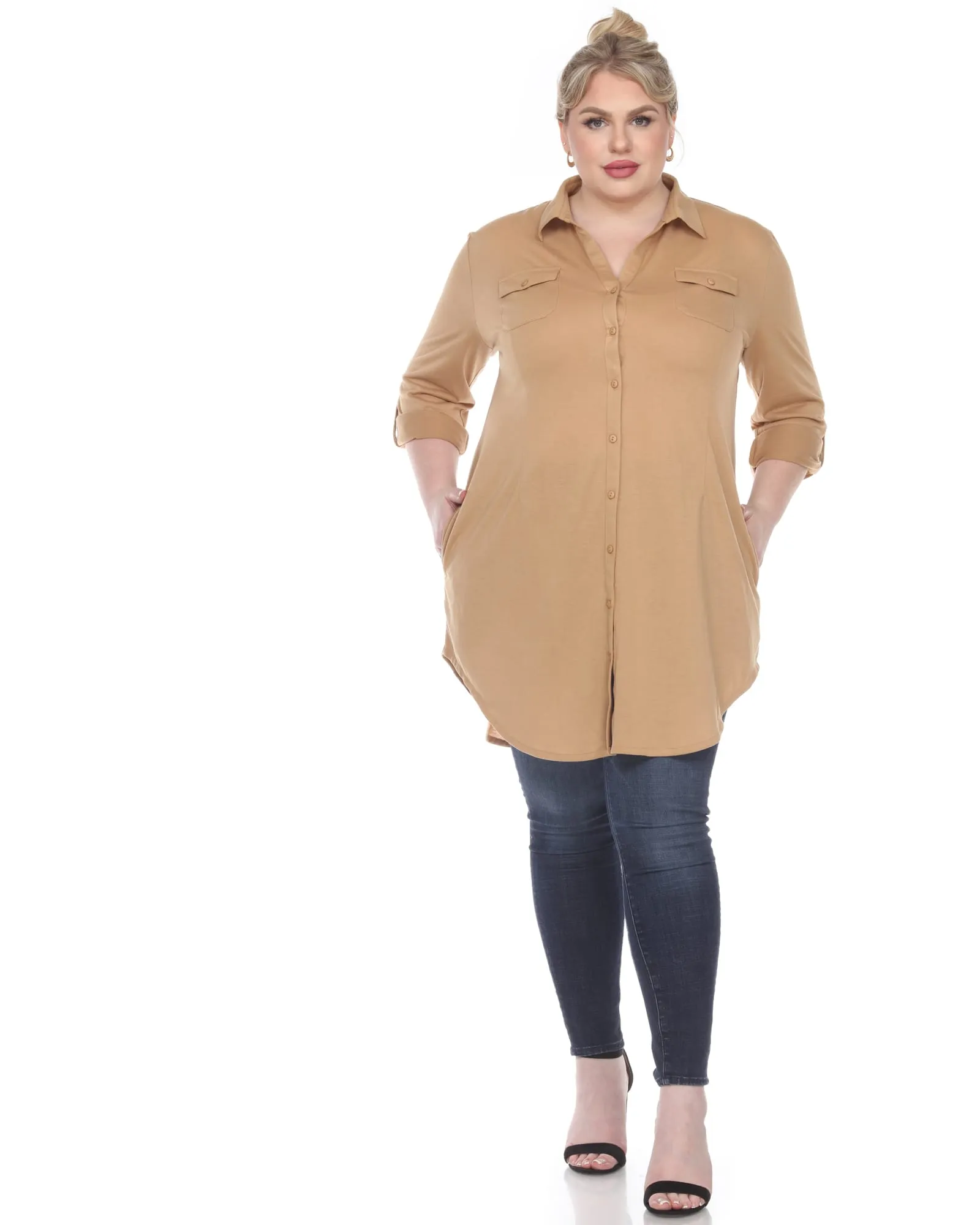 Stretchy Button Down Tunic Top | Camel