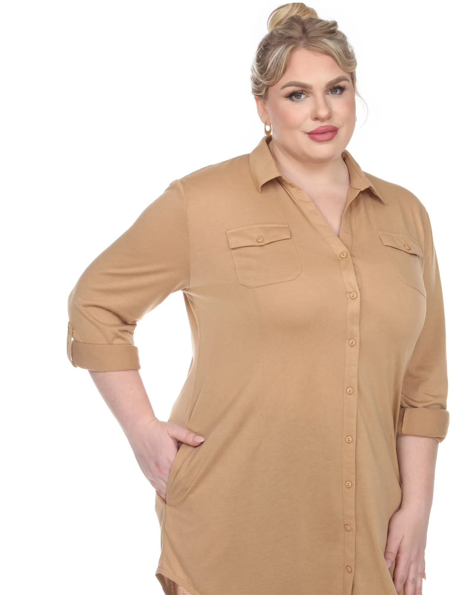 Stretchy Button Down Tunic Top | Camel