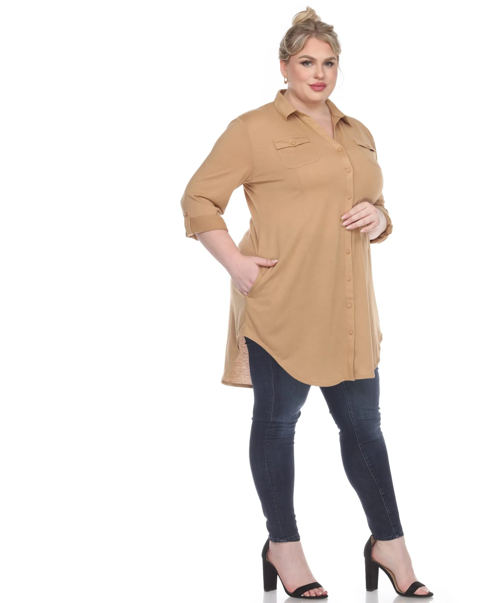 Stretchy Button Down Tunic Top | Camel