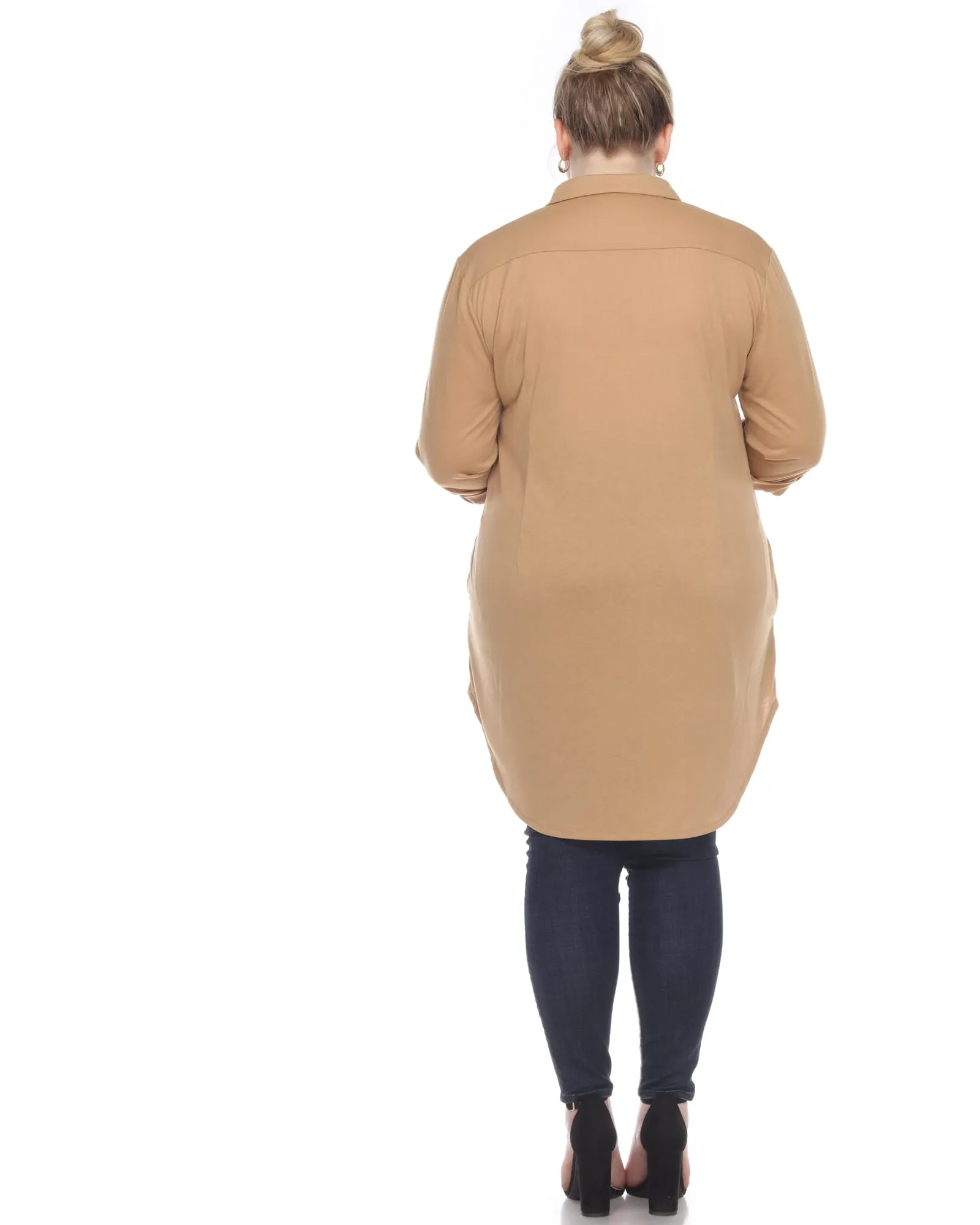 Stretchy Button Down Tunic Top | Camel