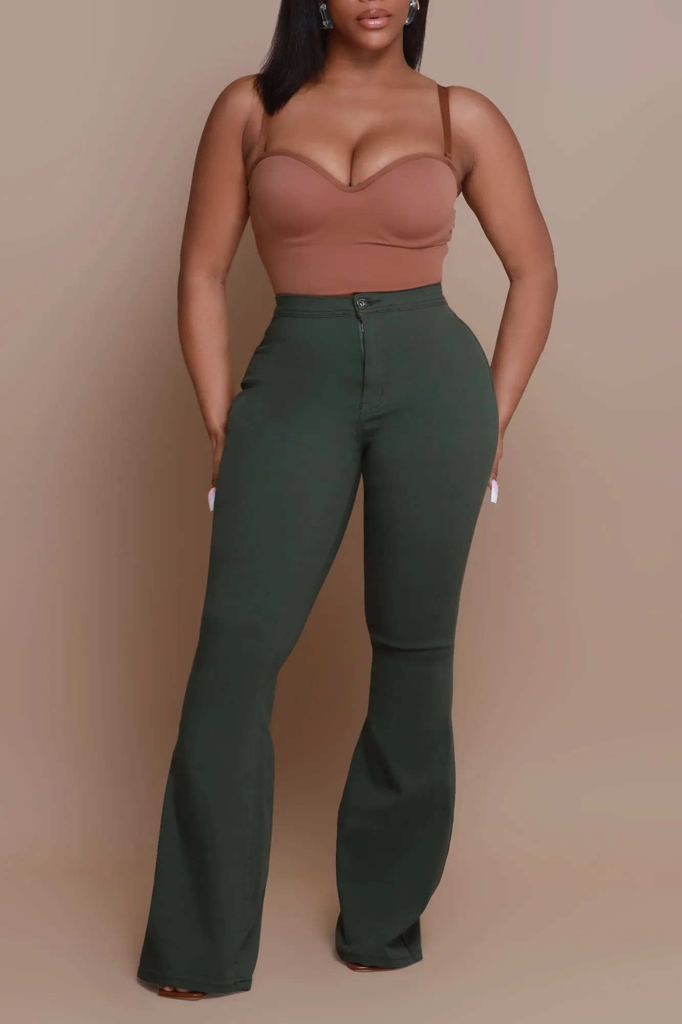 Super Swank High Rise Flare Stretchy Jeans - Olive