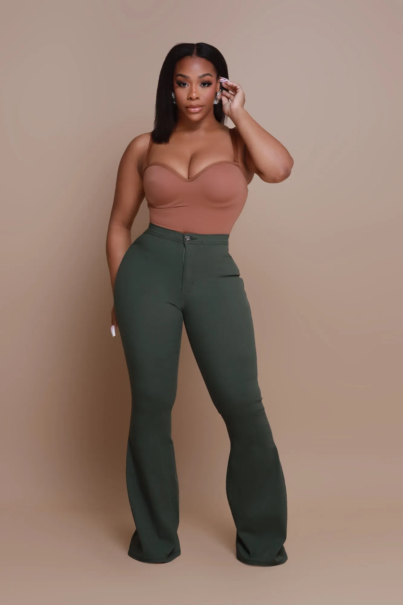 Super Swank High Rise Flare Stretchy Jeans - Olive