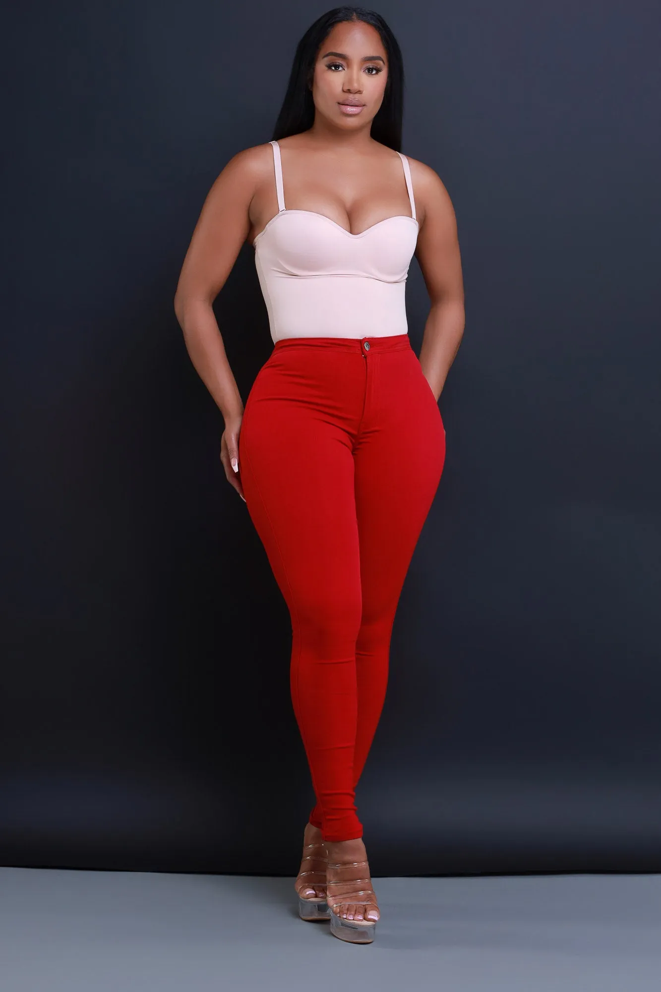 Super Swank High Waist Stretchy Jeans - Burgundy