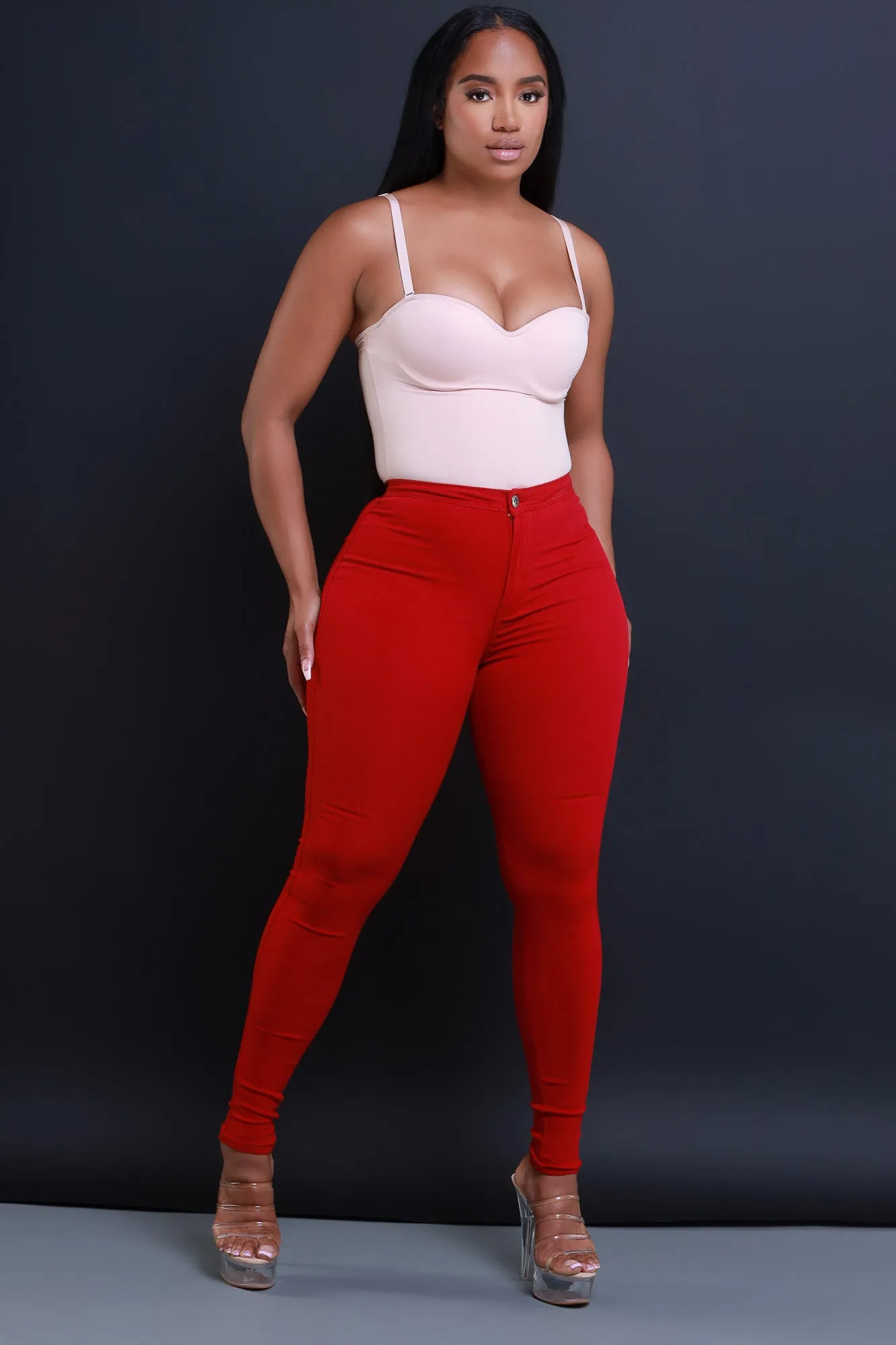 Super Swank High Waist Stretchy Jeans - Burgundy