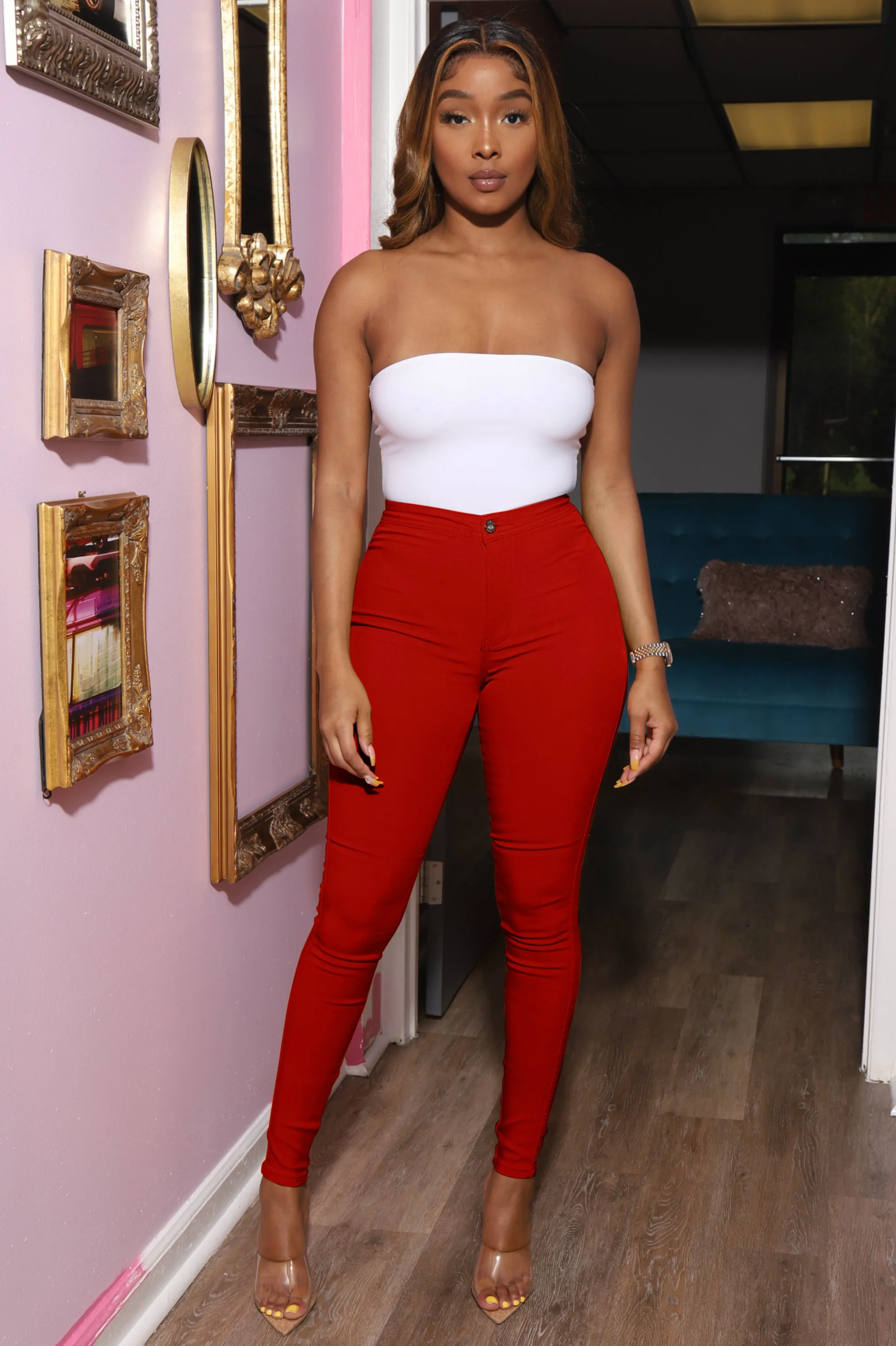 Super Swank High Waist Stretchy Jeans - Burgundy