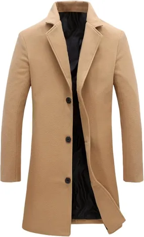 Tanming Mens Black Trench Coat Notched Lapel Single Breasted Long Peacoat Overcoat