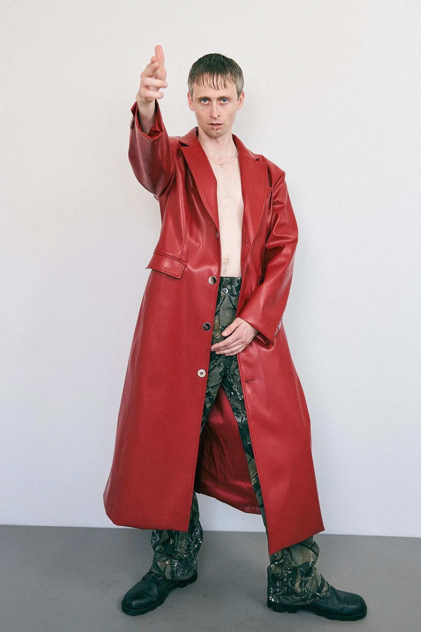 Unisex Oxblood Faux Plant Leather Long Coat