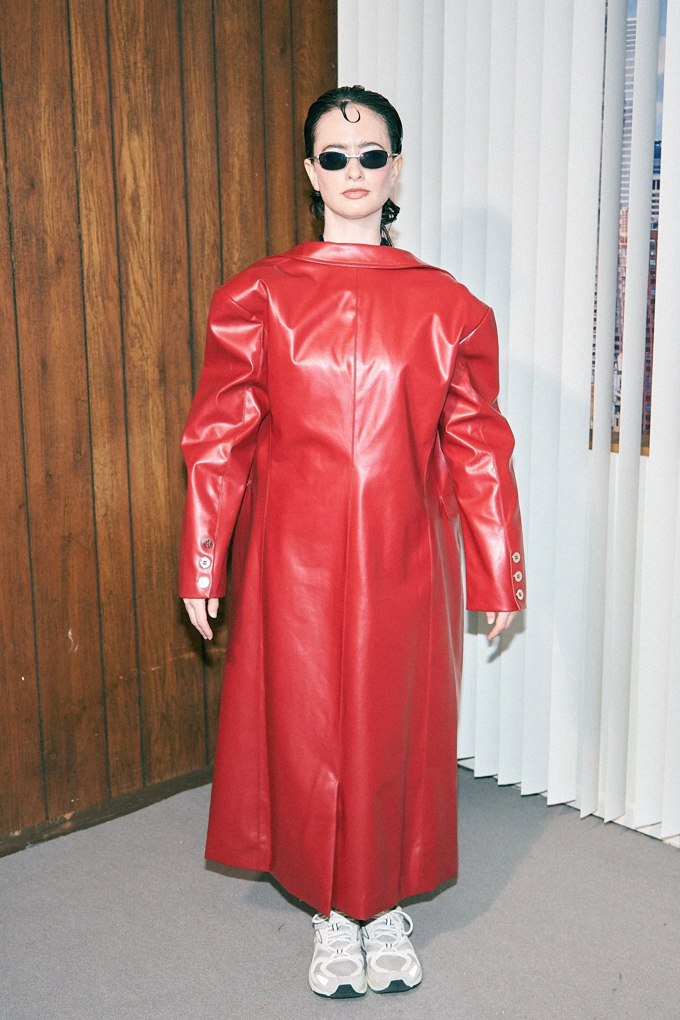 Unisex Oxblood Faux Plant Leather Long Coat