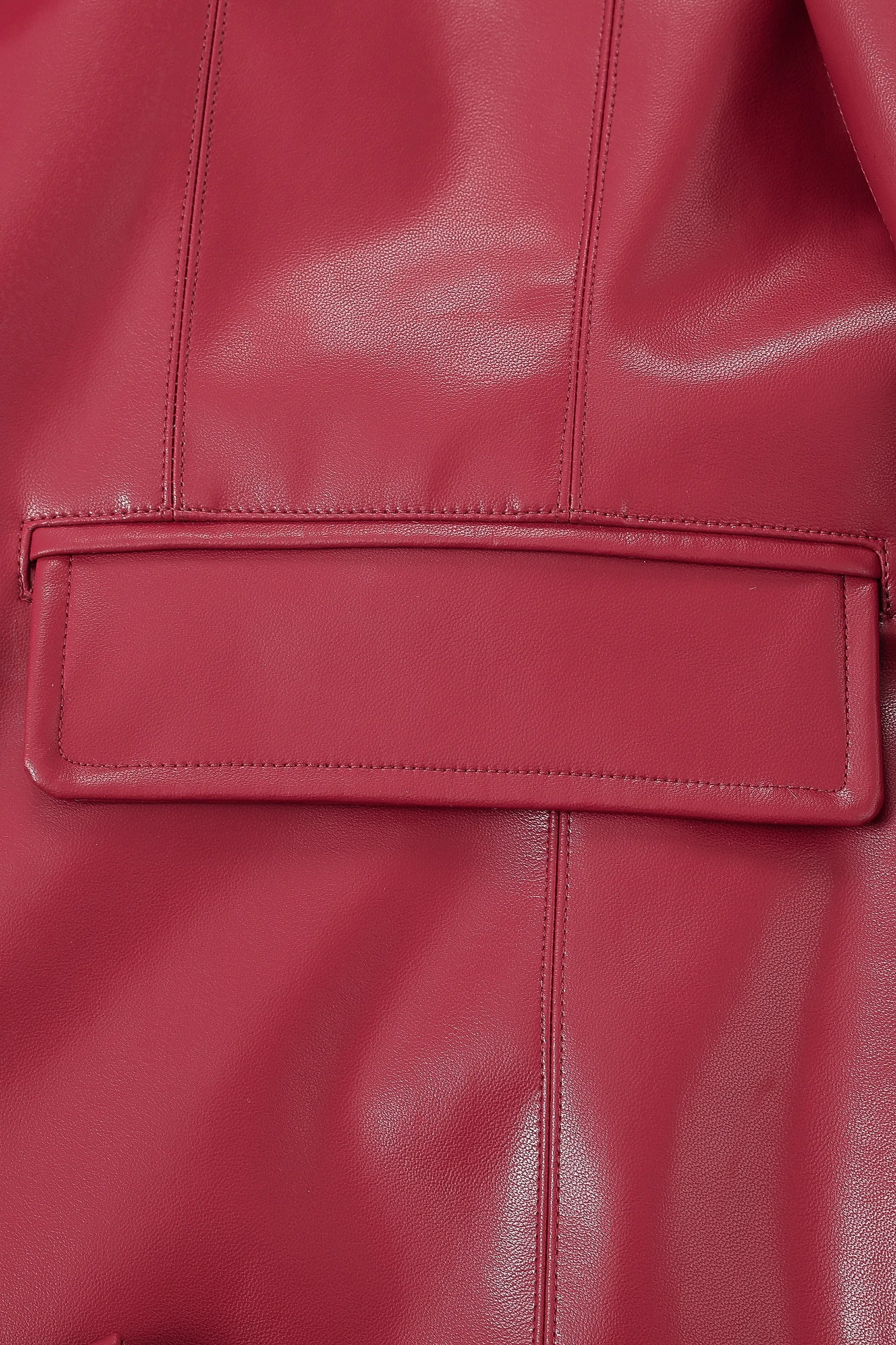 Unisex Oxblood Faux Plant Leather Long Coat