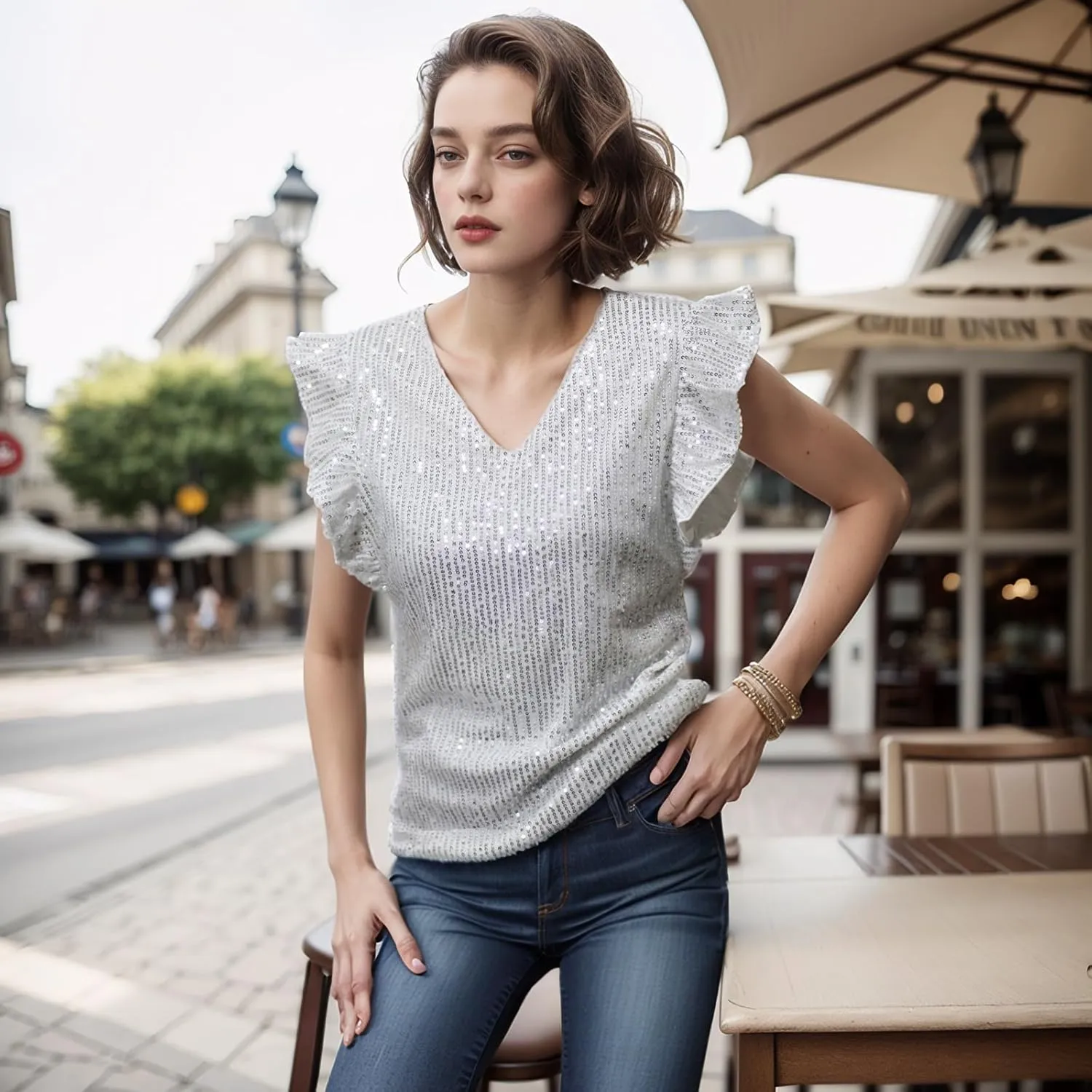 Vijiv Women's Sparkling Sequin Blouse - Elegant V-Neck Party Top with Ruffle Sleeves Formal Cocktail Attire Nights Outfits