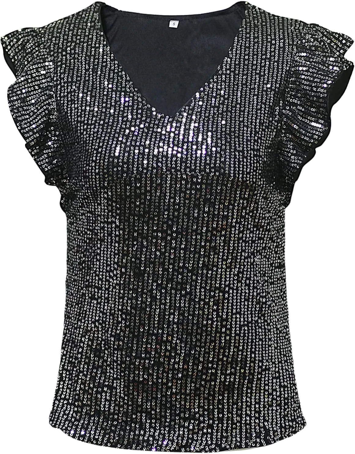 Vijiv Women's Sparkling Sequin Blouse - Elegant V-Neck Party Top with Ruffle Sleeves Formal Cocktail Attire Nights Outfits
