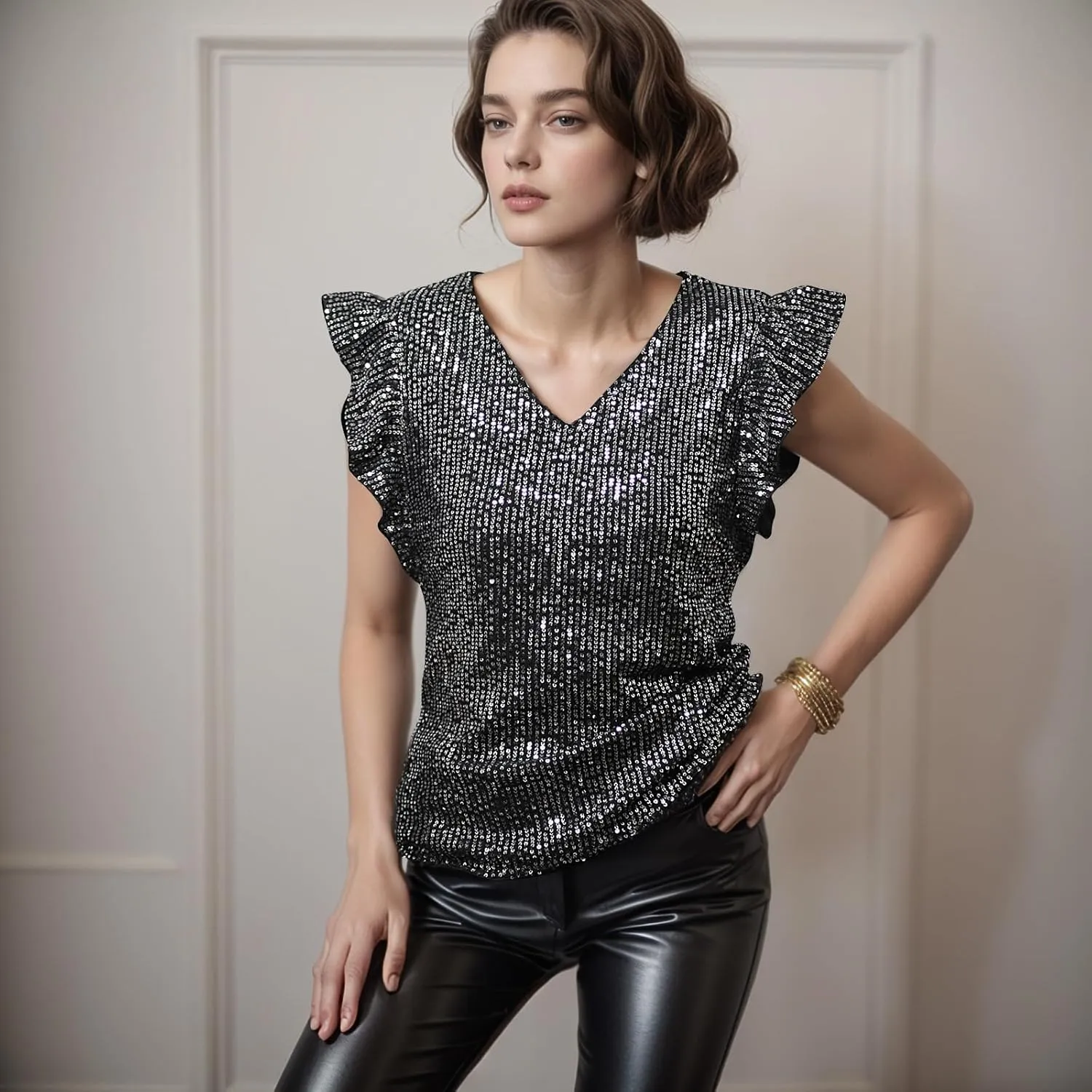 Vijiv Women's Sparkling Sequin Blouse - Elegant V-Neck Party Top with Ruffle Sleeves Formal Cocktail Attire Nights Outfits