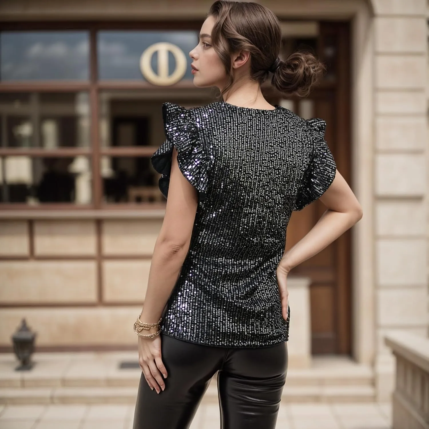 Vijiv Women's Sparkling Sequin Blouse - Elegant V-Neck Party Top with Ruffle Sleeves Formal Cocktail Attire Nights Outfits
