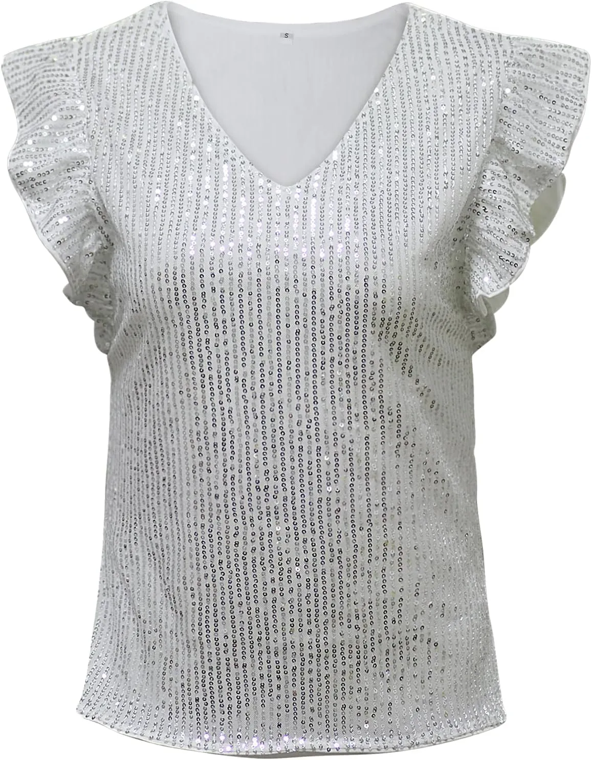 Vijiv Women's Sparkling Sequin Blouse - Elegant V-Neck Party Top with Ruffle Sleeves Formal Cocktail Attire Nights Outfits