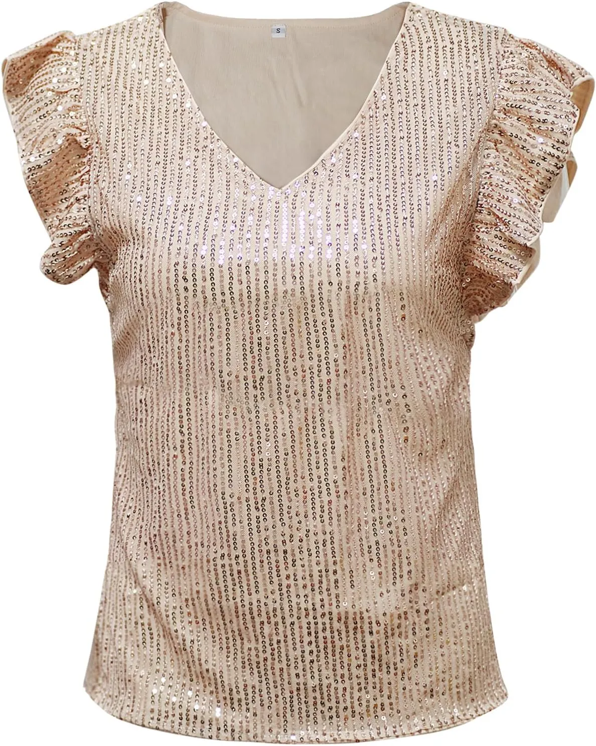 Vijiv Women's Sparkling Sequin Blouse - Elegant V-Neck Party Top with Ruffle Sleeves Formal Cocktail Attire Nights Outfits