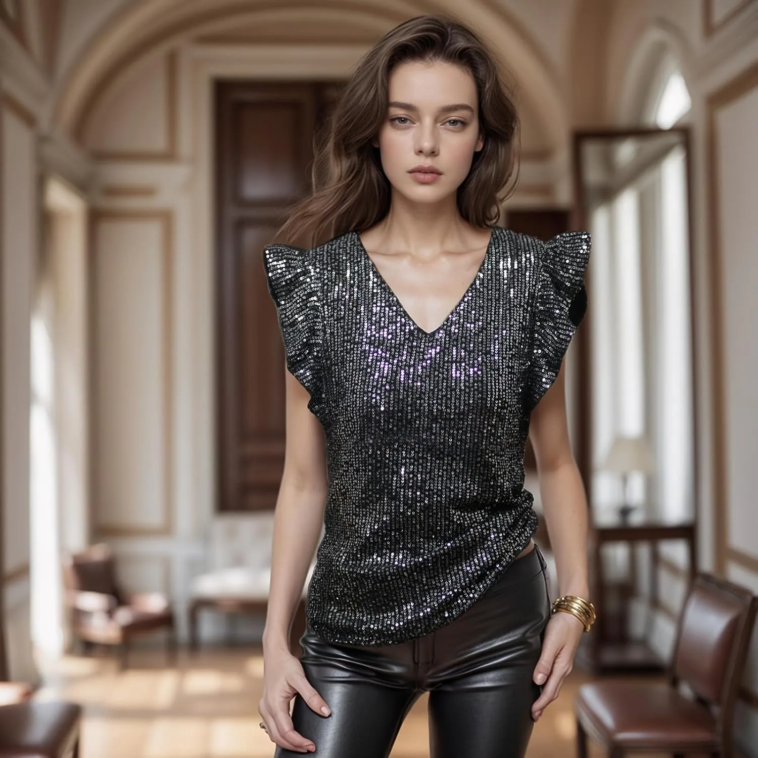 Vijiv Women's Sparkling Sequin Blouse - Elegant V-Neck Party Top with Ruffle Sleeves Formal Cocktail Attire Nights Outfits