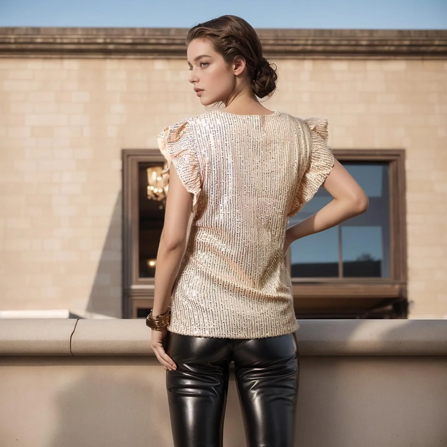 Vijiv Women's Sparkling Sequin Blouse - Elegant V-Neck Party Top with Ruffle Sleeves Formal Cocktail Attire Nights Outfits