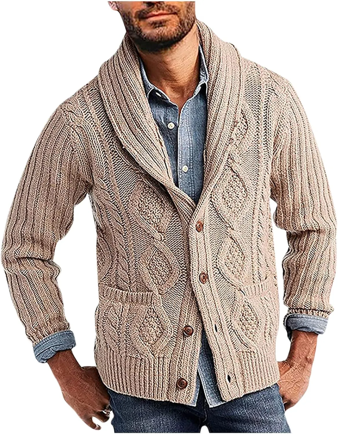 Winter Cardigan for Men Lightweight Button Down Sweaters V Neck Cable Knit Cardigan Casual Sweater with Pockets