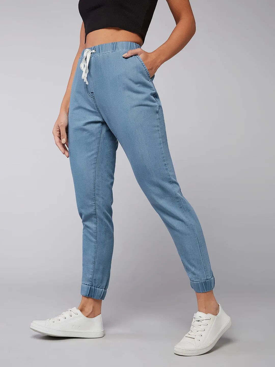 Women's Blue Mid Rise Non-Stretchable Denim Joggers