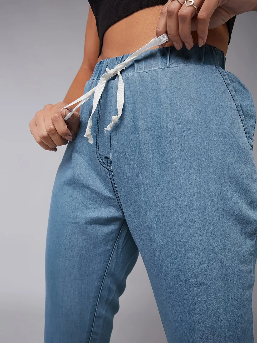 Women's Blue Mid Rise Non-Stretchable Denim Joggers
