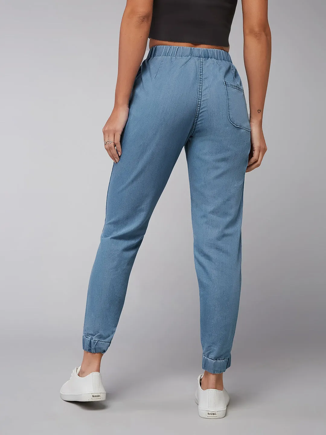 Women's Blue Mid Rise Non-Stretchable Denim Joggers