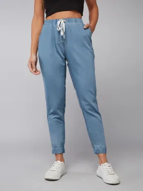 Women's Blue Mid Rise Non-Stretchable Denim Joggers