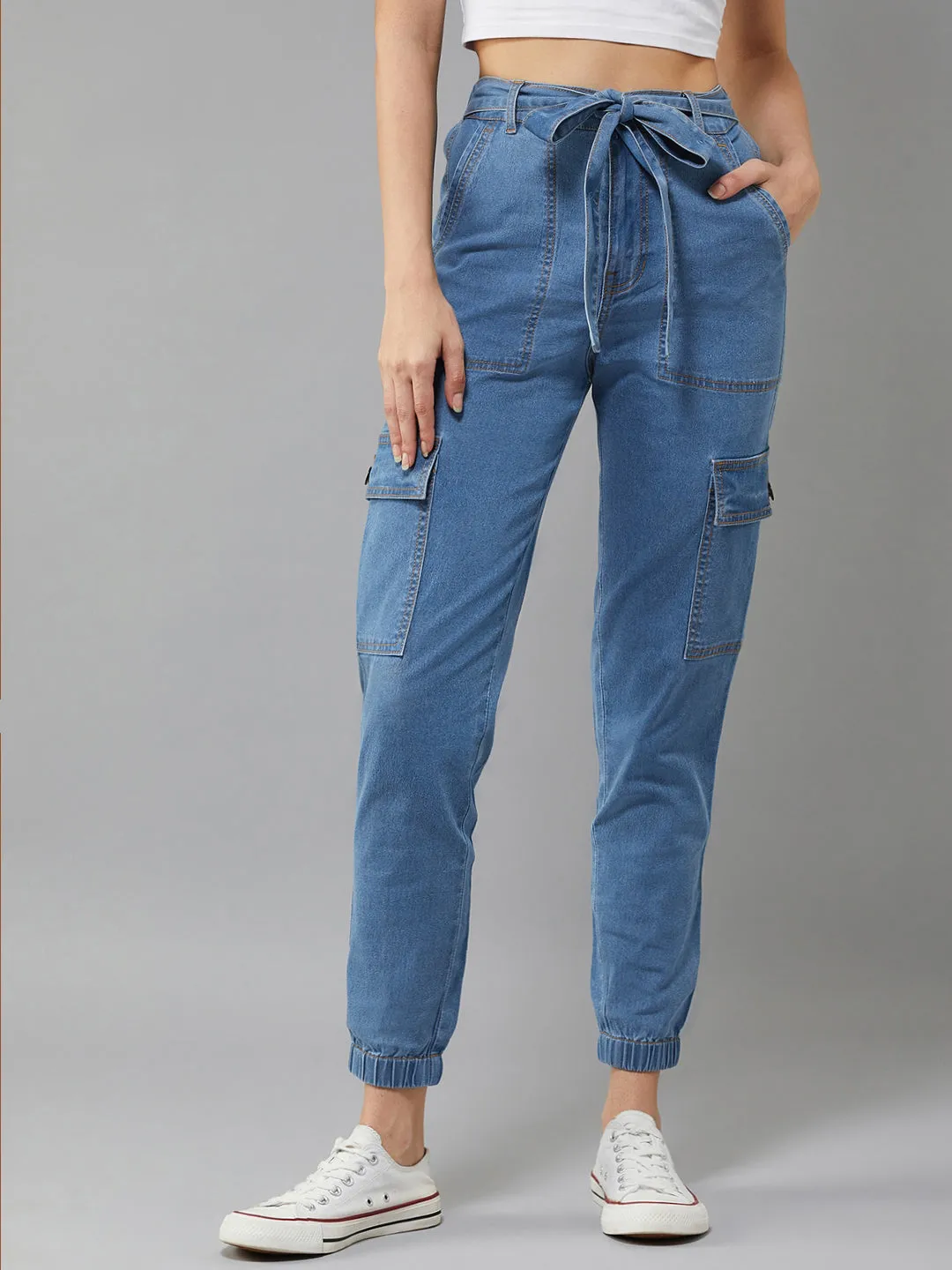 Women's Blue Regular High rise Clean look Regular Stretchable Denim Joggers