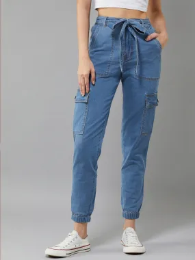 Women's Blue Regular High rise Clean look Regular Stretchable Denim Joggers