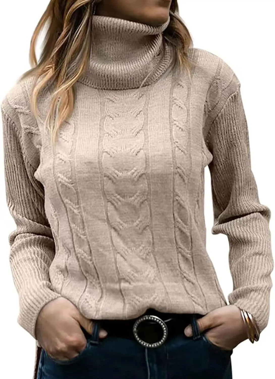 Women's Fall Winter Casual Trendy Turtleneck Long Sleeve Cable Knit Sweater