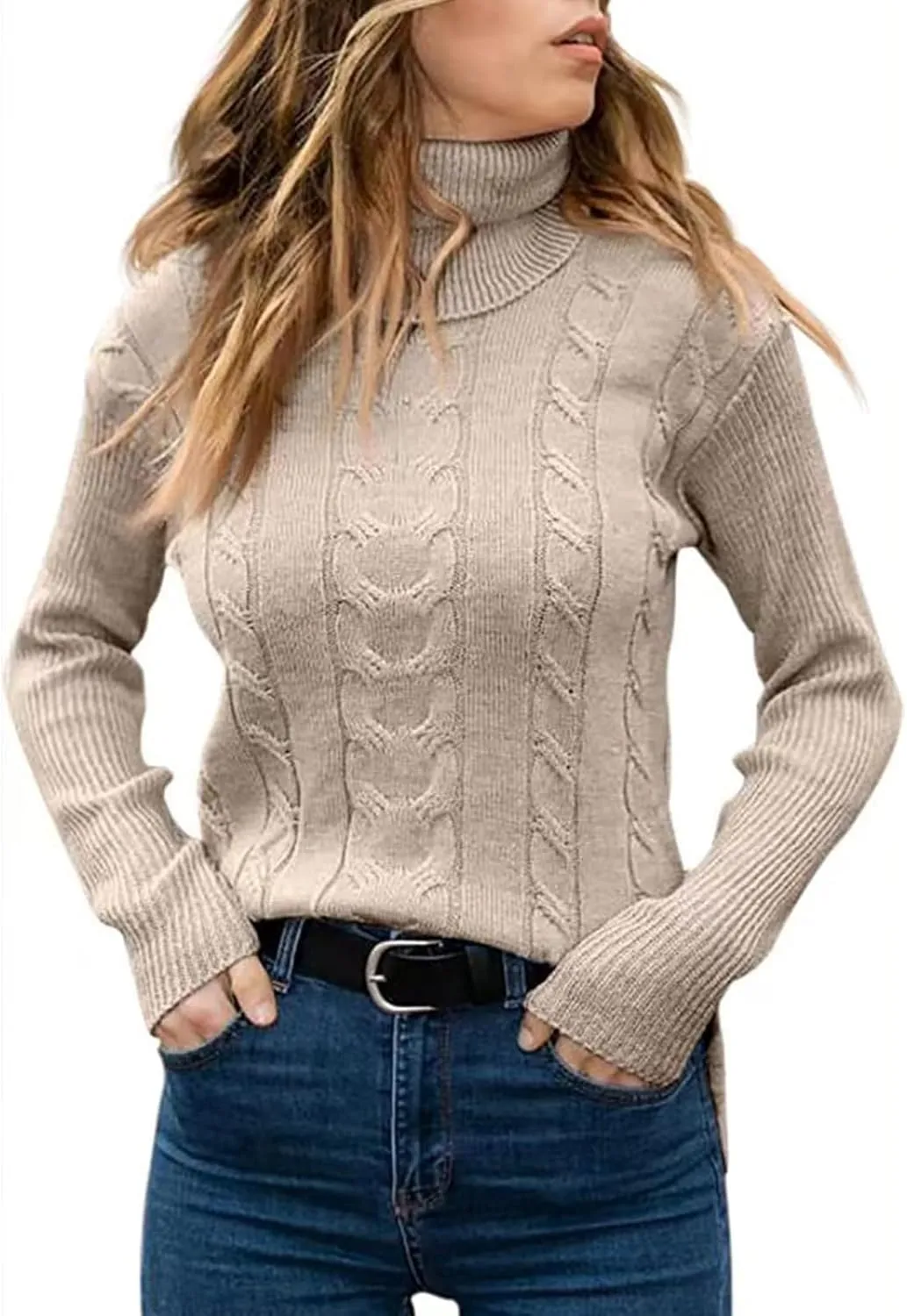 Women's Fall Winter Casual Trendy Turtleneck Long Sleeve Cable Knit Sweater