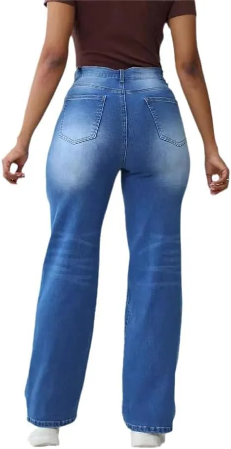 Women's Jeans High Waisted Straight Wide Leg Stretchy Loose Denim Pants
