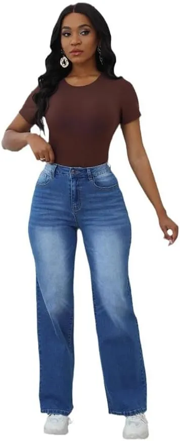 Women's Jeans High Waisted Straight Wide Leg Stretchy Loose Denim Pants