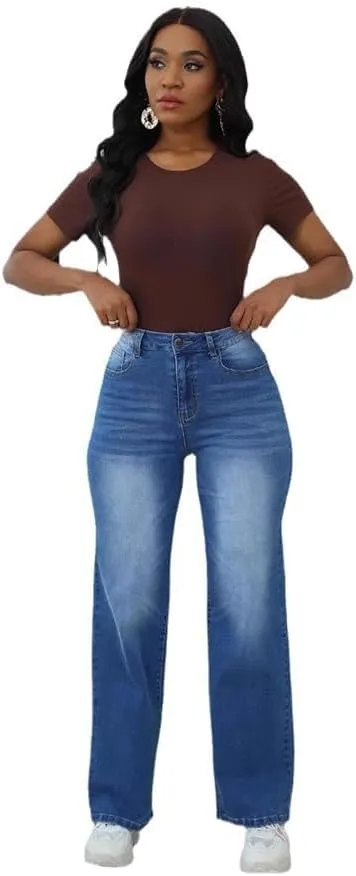 Women's Jeans High Waisted Straight Wide Leg Stretchy Loose Denim Pants